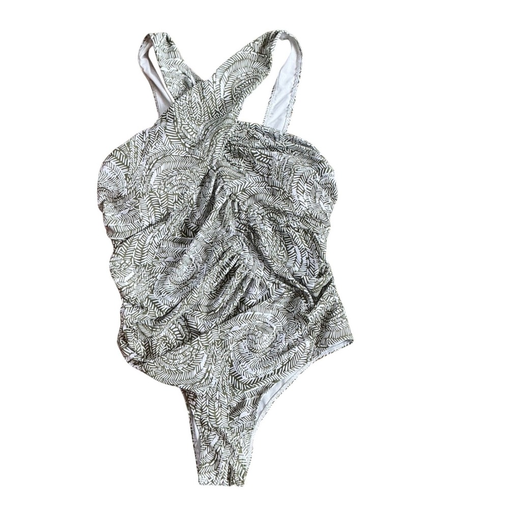 Olive Green White Leaf Print Tummy Control One Piece Swimsuit Padded Large NWOT